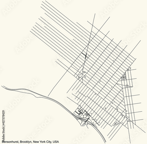 Black simple detailed street roads map on vintage beige background of the quarter Bensonhurst neighborhood of the Brooklyn borough of New York City, USA