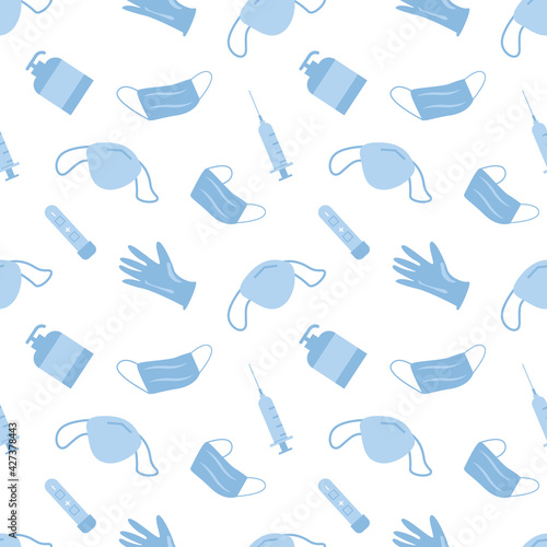 Vector Covid Coronavirus Waste Seamless Pattern. Plastic pollution on white background. Environmental issue or ecology problem of marine rubbish, latex gloves, face masks in sea illustration.