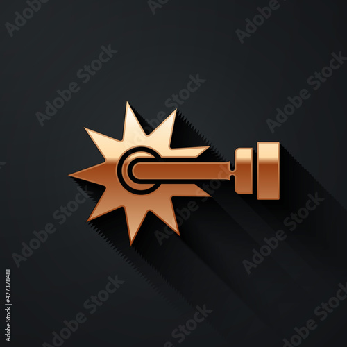 Gold Cowboy horse riding spur for boot icon isolated on black background. Long shadow style. Vector