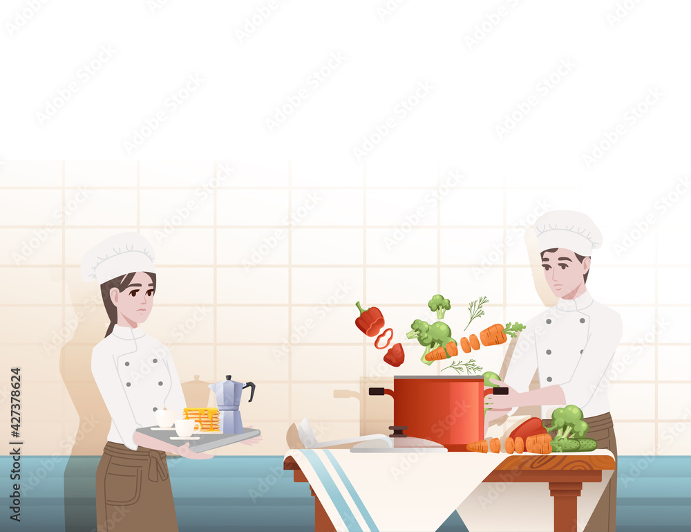 Chef cooking behind kitchen table with pan and ingredients making soup cartoon character design vector illustration on ceramic tile background Chef cooking behind kitchen table with pan and ingredients making soup cartoon character design vector illustration on ceramic tile background