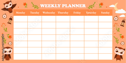Childish weekly planner layout for kids with owl cartoon character on pink background, sweet dreams concept