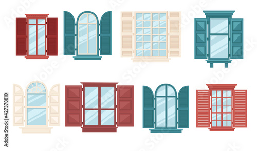 Set of various wooden windows with shutters collection retro windows vector illustration on white background
