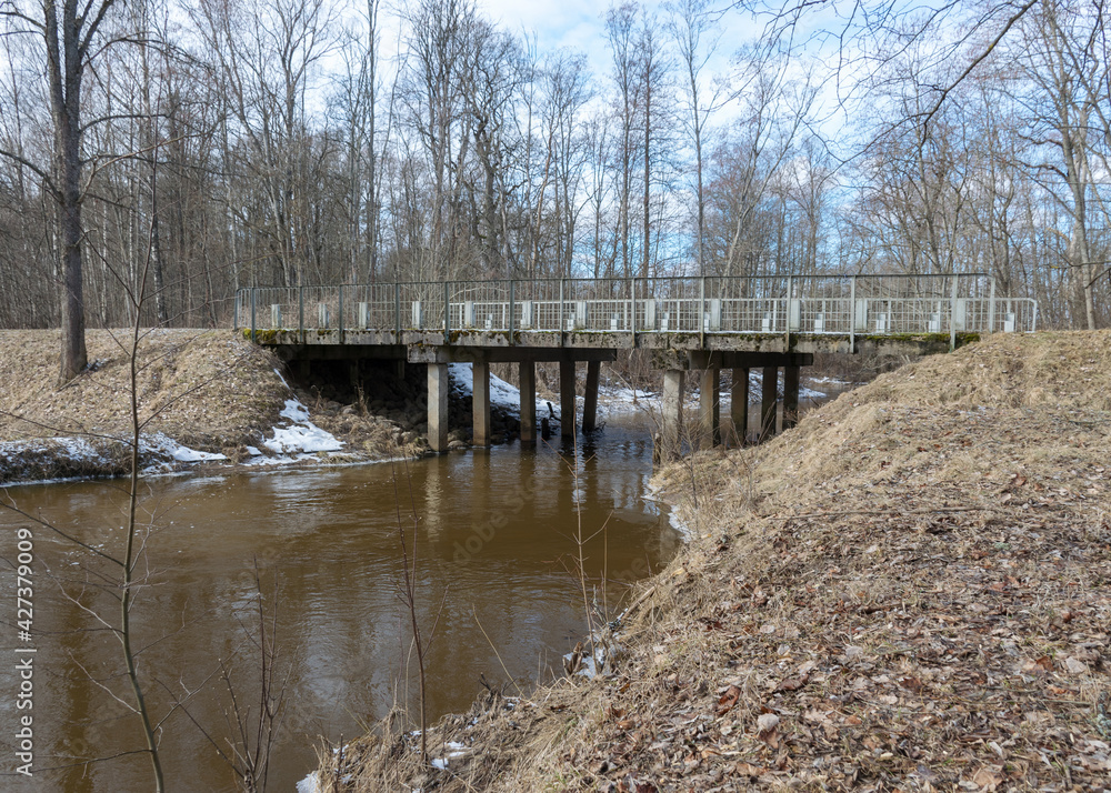 concrete bridge, early spring, bare trees, snow plan on the ground, Kuja river, Madona, Latvia