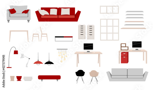 Collection of indoors interior furniture modern style vector illustration isolated on white background