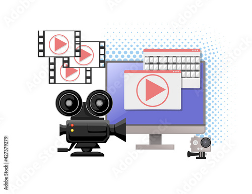 Video or film production cinematography concept media player on monitor with professional tools vector illustration on white background