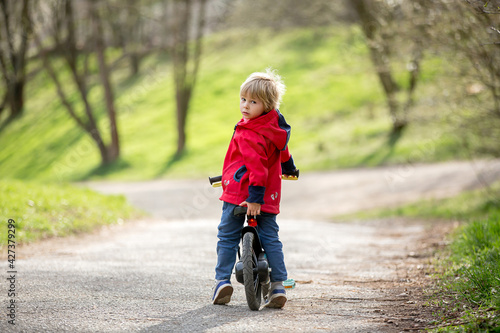 Little boy, learning how to ride a bike in the park © Tomsickova