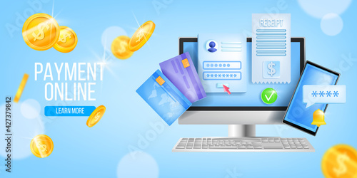Online payment, internet bill, vector digital tax landing page background, computer, coins, card. Mobile banking, safe transaction, account authentication, notification. Online payment finance banner