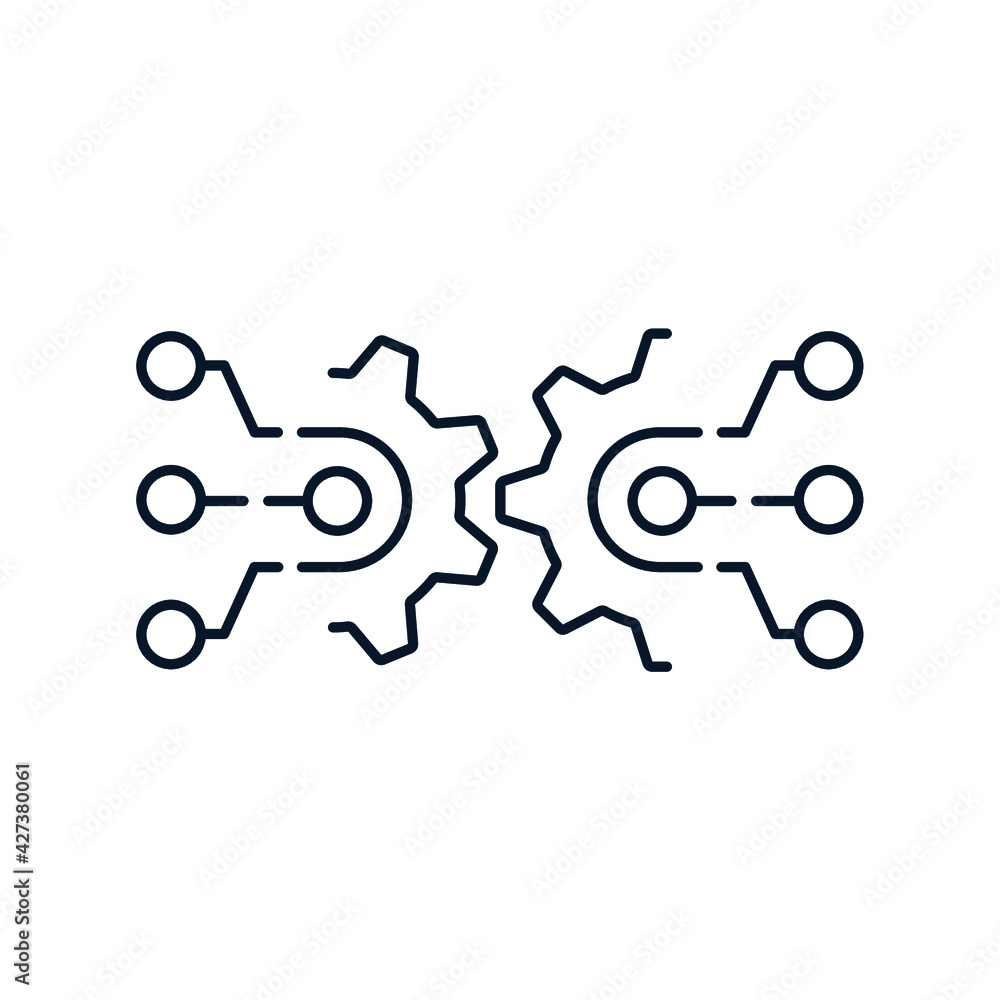 Gear halves, lines, circles. Concept of electronic, technological compatibility of equipment, workflow. Vector icon isolated on white background. Gear halves, lines, circles. Concept of electronic, technological compatibility of equipment, workflow. Vector icon isolated on white background.