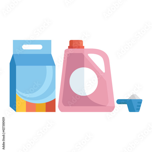 Laundry detergents. Washing powder in a soft package. Fabric softener. Washing powder in a measuring spoon. Vector illustration isolated on a white background for design and web.