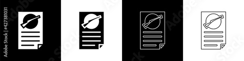 Set Firearms license certificate icon isolated on black and white background. Weapon permit. Vector