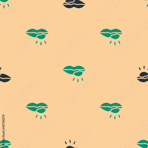 Green and black Herpes lip icon isolated seamless pattern on beige background. Herpes simplex virus. Labial infection inflammation symbol. Vector