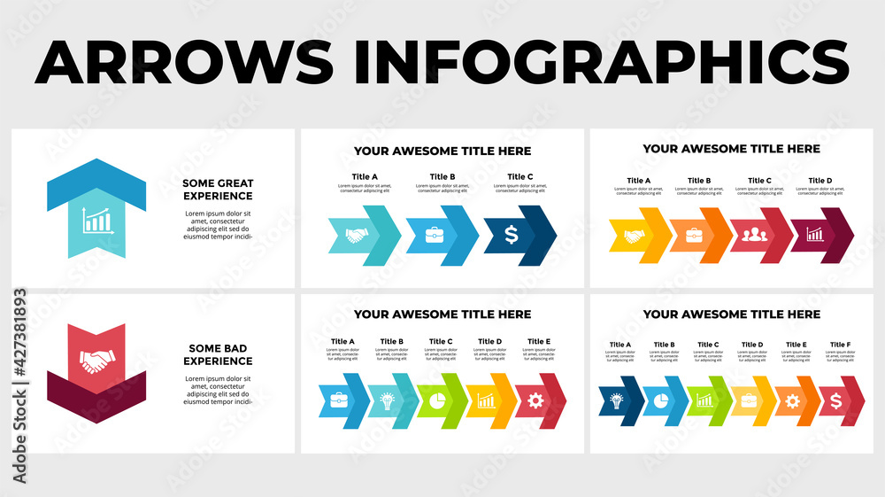 Arrows Vector Infographic. Presentation slide template. Chart diagram. 2, 3, 4, 5, 6 steps. Great and bad experience. Failure concept. Arrows Vector Infographic. Presentation slide template. Chart diagram. 2, 3, 4, 5, 6 steps. Great and bad experience. Failure concept.
