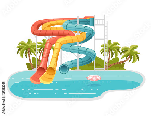 Waterpark illustration with colored plastic screw slides and pool with palm tree on the shore vector illustration on white background