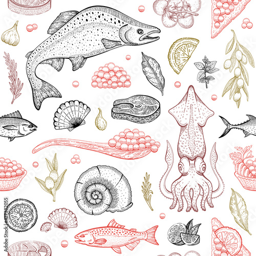 Seafood fish vector background. Sea food sketch pattern. Salmon, squid, shellfish, calamari, caviar, seashell seamless drawing. Grill menu illustration. Vintage drawn restaurant dish. Seafood pattern
