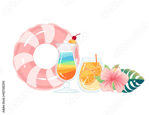 Two exotic cocktails in transparent glass with tropical flowers vector illustration on white background