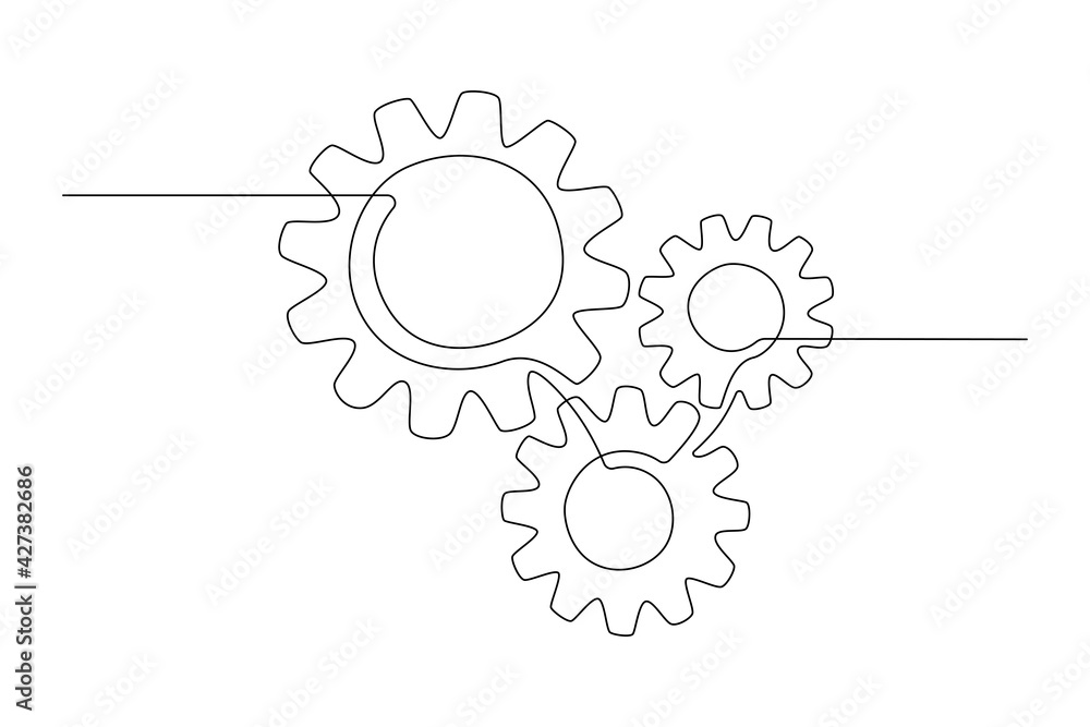 One continuous line illustration of gears wheels. Three cogwheels in lineart style. Editable stroke. Symbol of teamwork, development, logo, emblem. Creative concept of business teamwork. Vector One continuous line illustration of gears wheels. Three cogwheels in lineart style. Editable stroke. Symbol of teamwork, development, logo, emblem. Creative concept of business teamwork. Vector