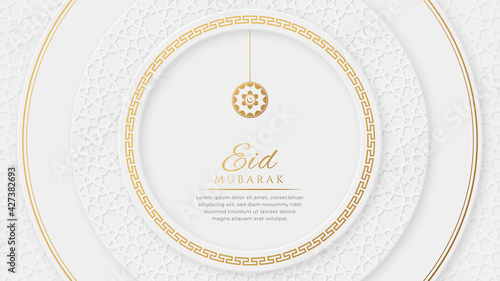 Arabic Elegant White and Golden Luxury Islamic Ornamental Background with Islamic Border and Decorative Hanging Ornament