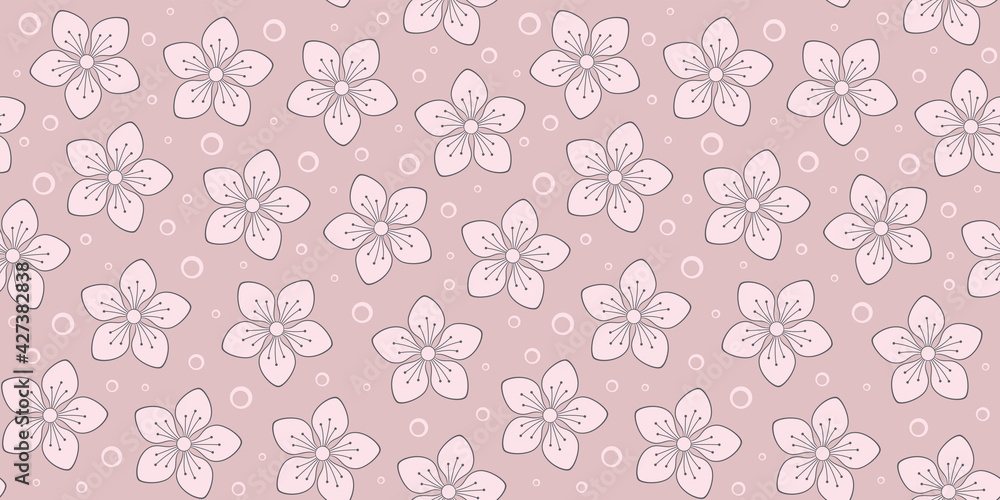Pale pink spring flowers with five petals and small circles on a beige. Vector seamless pattern for wrapping paper, packaging, cover, banner, website wallpaper, surface textures or printing on clothes Pale pink spring flowers with five petals and small circles on a beige. Vector seamless pattern for wrapping paper, packaging, cover, banner, website wallpaper, surface textures or printing on clothes
