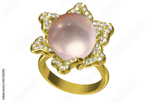 beautiful ring with pearl isolated on white. 3D rendering