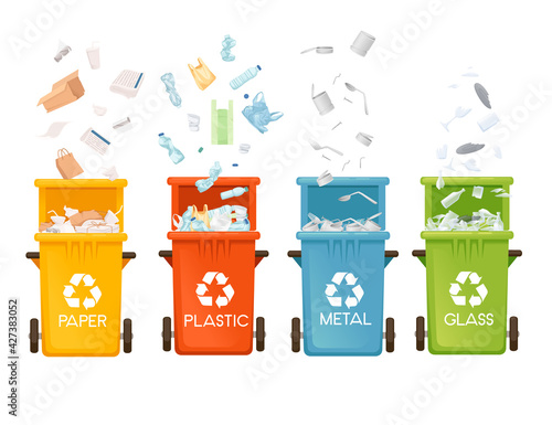 Set of colored opened garbage bins trash cans for different types of waste vector illustration isolated on white background