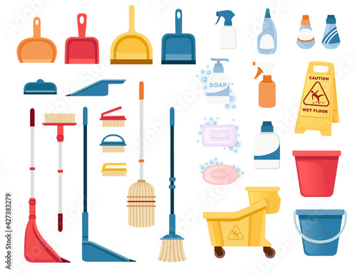 A set of items for cleaning and cleaning floors and disinfecting objects vector illustration isolated on white background