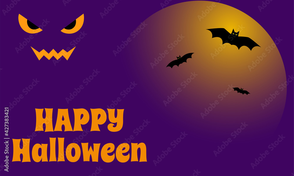 Happy Halloween greeting card, poster or banner with bats on the background of the moon glowing with evil eyes and a no-face grin. Design for poster, postcard, banner, flyer, website