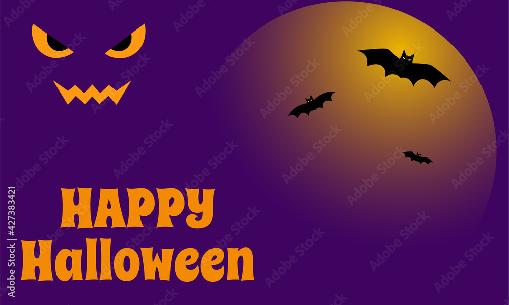 Happy Halloween greeting card, poster or banner with bats on the background of the moon glowing with evil eyes and a no-face grin. Design for poster, postcard, banner, flyer, website Happy Halloween greeting card, poster or banner with bats on the background of the moon glowing with evil eyes and a no-face grin. Design for poster, postcard, banner, flyer, website