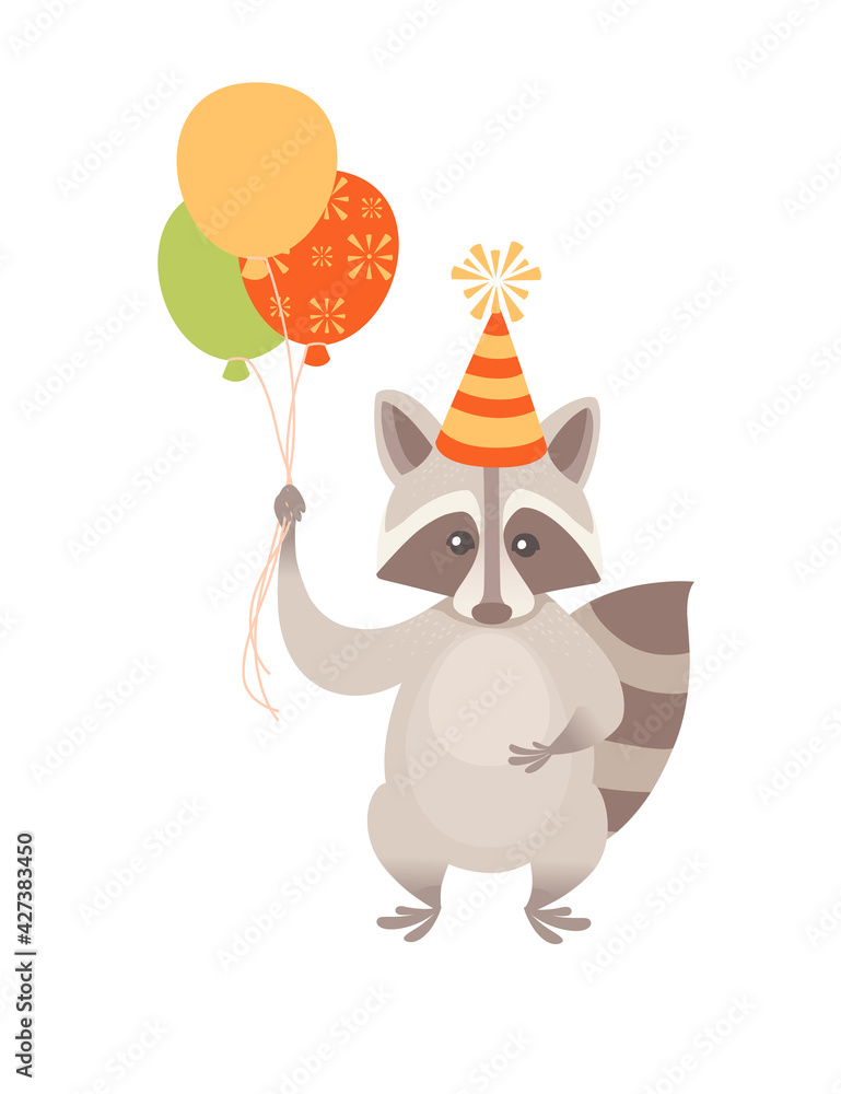 Fototapeta premium Cute raccoon in a cone-cap holds a air balloons in hands birthday animal concept cartoon animal design vector illustration on white background
