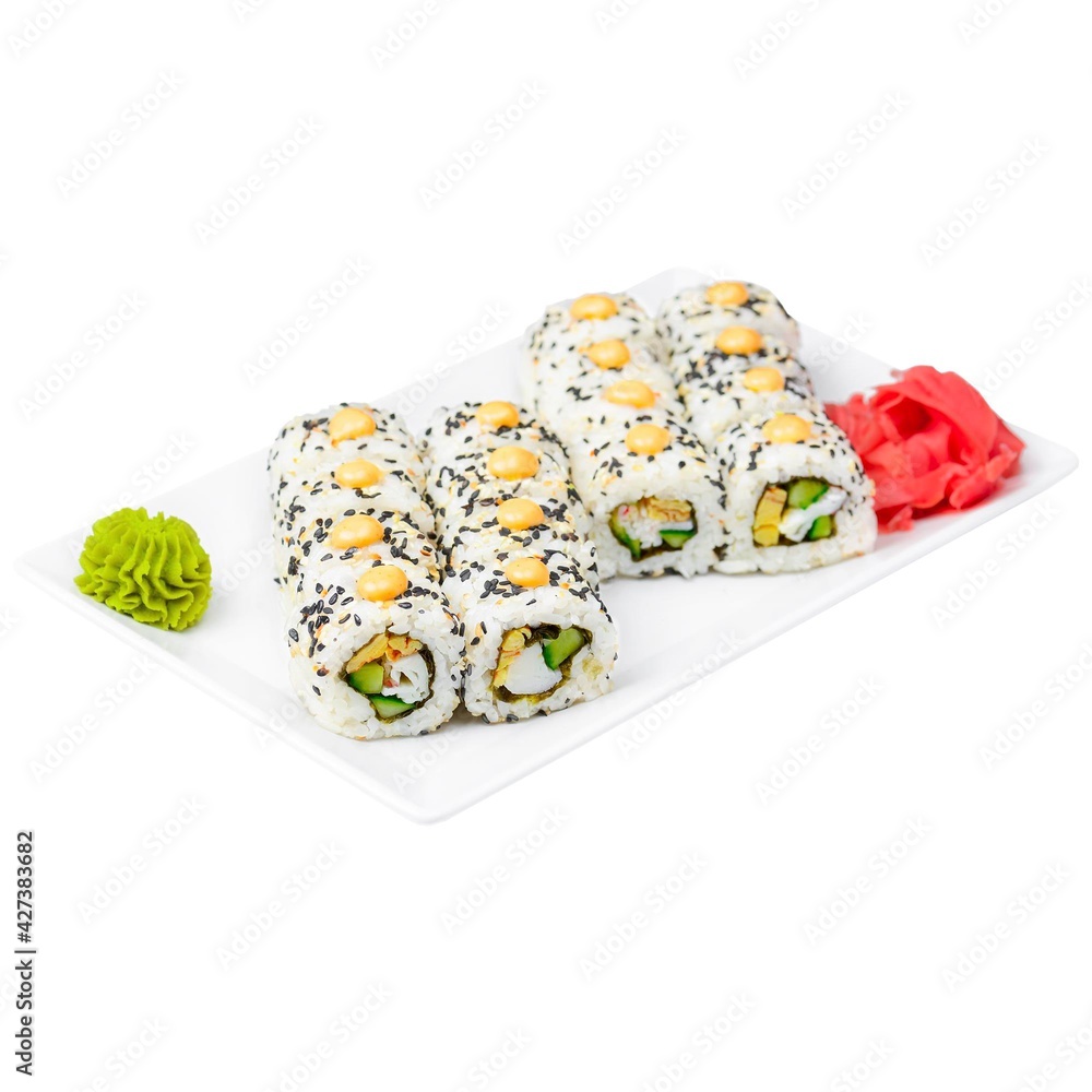 Sushi set isolated on white. Japanese cuisne traditional. Sushi with sesame seeds isolate Sushi set isolated on white. Japanese cuisne traditional. Sushi with sesame seeds isolate