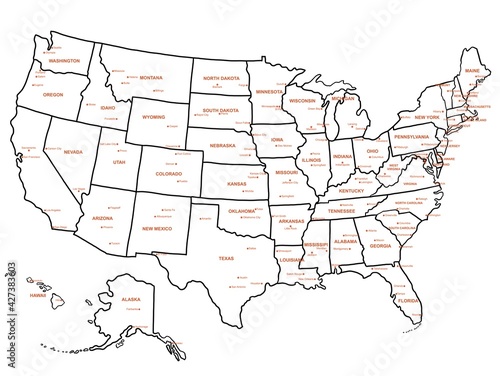 Doodle freehand drawing USA political map with major cities. Vector illustration.