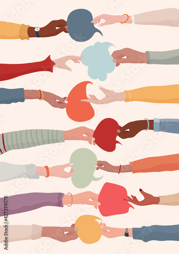 Arms and hands holding speech bubble. Agreement or affair between a group of colleagues or collaborators.Diversity People who exchange information. Concept of sharing ideas. Community photo