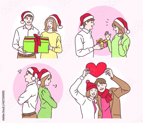 A couple wearing Santa hats is giving a present. hand drawn style vector design illustrations. 