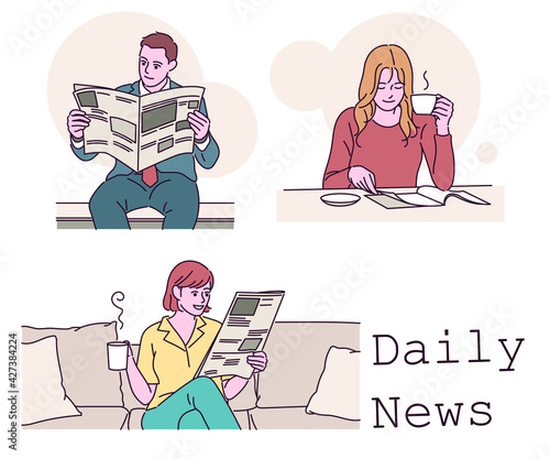 People reading the newspaper. hand drawn style vector design illustrations. 