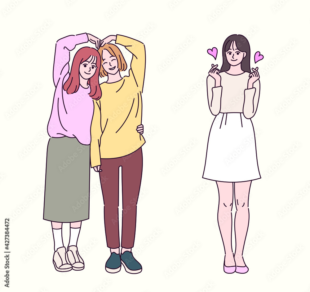 Friends are making heart with their arms and finger. hand drawn style vector design illustrations. Friends are making heart with their arms and finger. hand drawn style vector design illustrations.