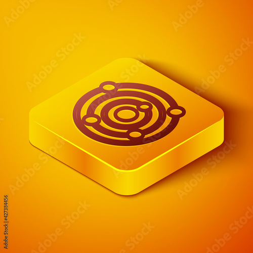 Isometric line Solar system icon isolated on orange background. The planets revolve around the star. Yellow square button. Vector