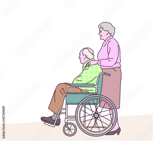 An old man in a wheelchair and an old woman standing behind him. hand drawn style vector design illustrations. 
