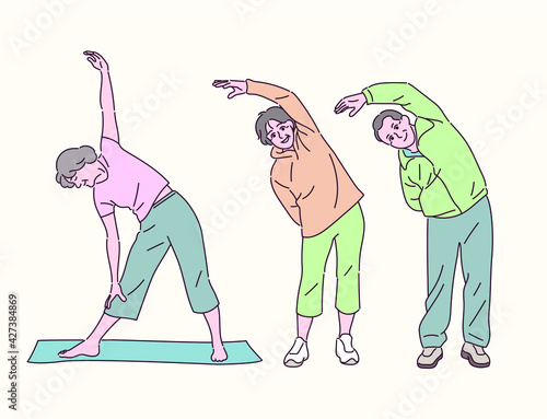 Older people doing stretching. hand drawn style vector design illustrations. 