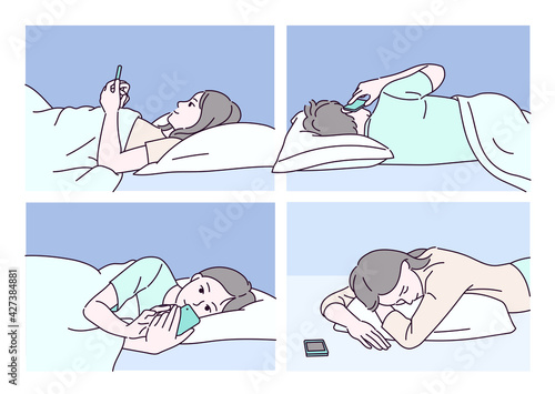People lying in bed and watching mobile phones. hand drawn style vector design illustrations. 