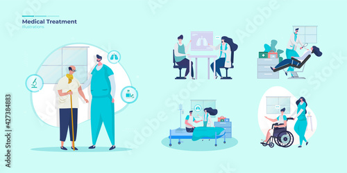 Illustration set about medical team with patients