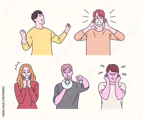 People of various gestures. People who scream and people who are noisy. hand drawn style vector design illustrations. 