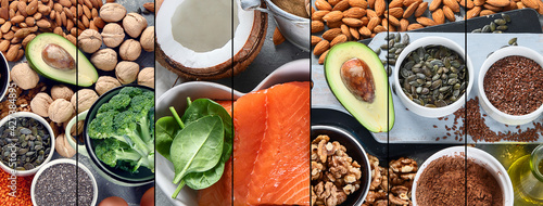 Collage of Food sources of omega 3 and healthy fats.