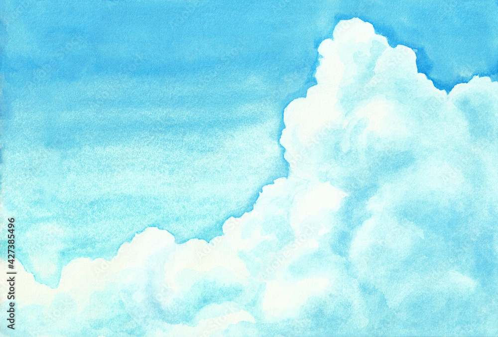 透明水彩で描いた入道雲（横）