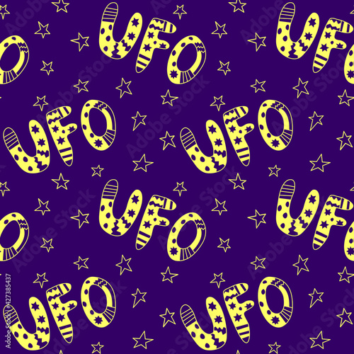 Vector color seamless pattern with the word UFO. Background and texture on the theme of space, UFOlogy, flying saucers, conspiracy