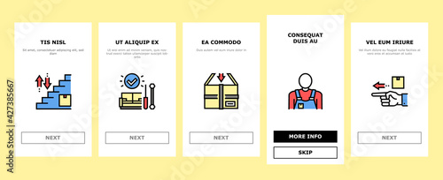 Mover Express Service Onboarding Mobile App Page Screen Vector. Mover Worker Delivery Cardboard Box And Couch, Truck Cargo, Knife And Scotch Tape, Illustrations