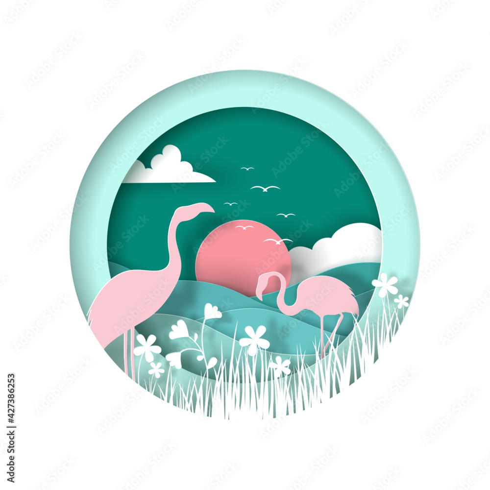 Fototapeta premium Vector landscape of Flamingos with sea in the sunset time.