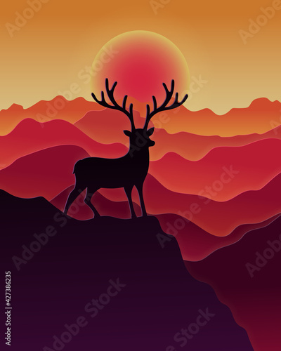 Vector and digital craft style of eco forest with Sun and Deer.