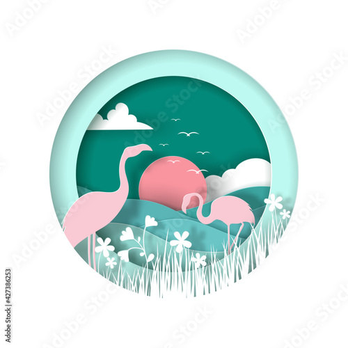 Vector landscape of Flamingos with sea in the sunset time.