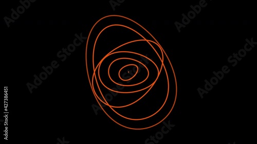 Orange graphic objectr, placed in the center that duplicates and expands in concentric waves, while it rotates clockwise and increases the size, then continues with the generated effect.