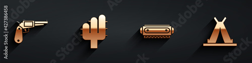 Set Revolver gun, Cactus, Harmonica and Indian teepee or wigwam icon with long shadow. Vector