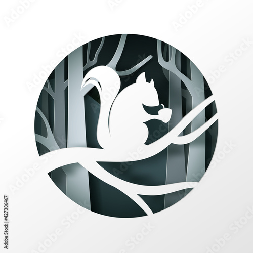 Vector digital craft style of eco forest and Squirrel with chestnut.